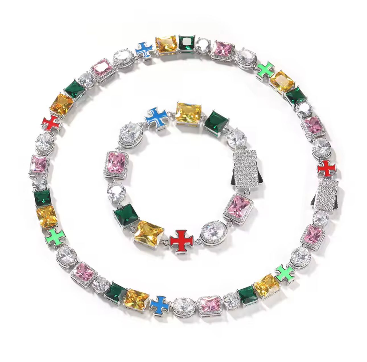 KIT Corrente com Pedras Múltiplas 10MM + Pulseira com Pedras Múltiplas 10MM