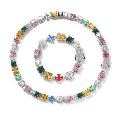 KIT Corrente com Pedras Múltiplas 10MM + Pulseira com Pedras Múltiplas 10MM